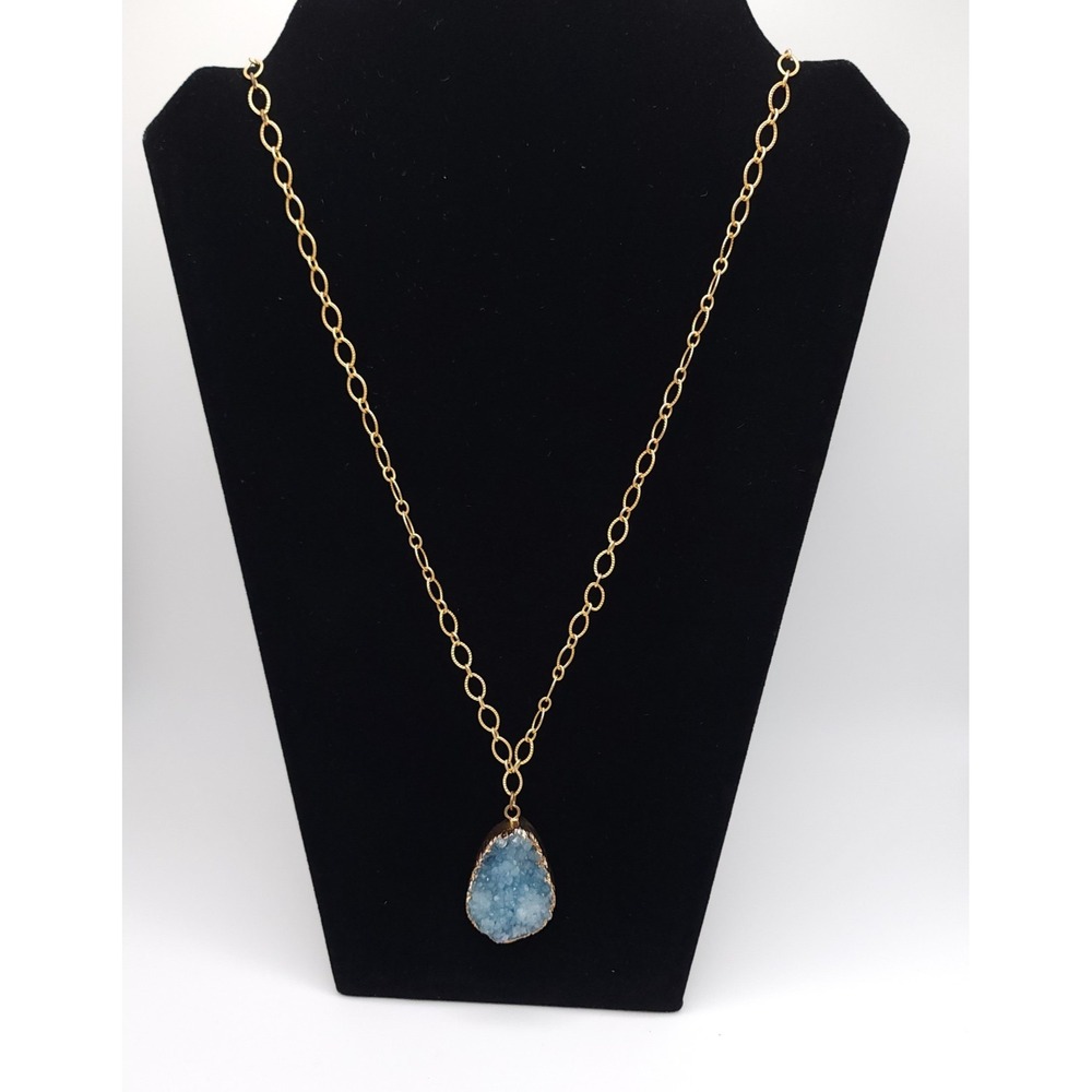Blue Druzy Quartz Necklace Gold Tone Teardrop Pendant Long Chain 30" Bohemian